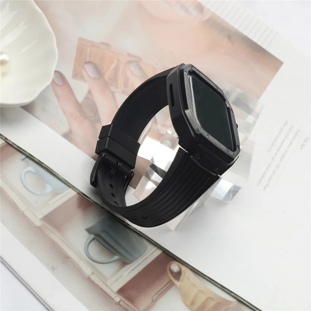 For Apple Watch Series 9 8 7 45mm / 6 5 4 SE SE (2022) SE (2023) 44mm Integral Watch Band with Case - Black - 7