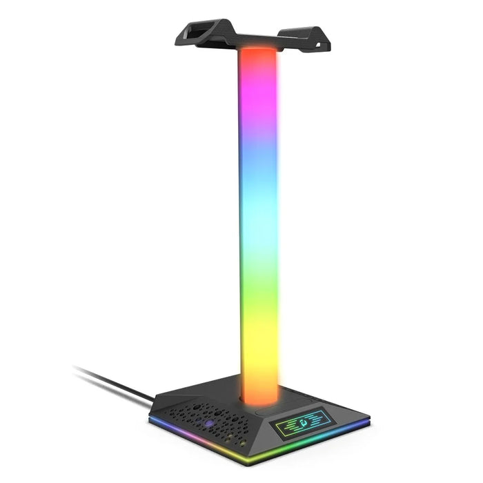 PIWIJOY EB05 RGB Gaming Headset Stand with 2 USB Ports, Headphone Holder with 10 Light Modes for Gamers PC Earphone Accessories - Black - 1