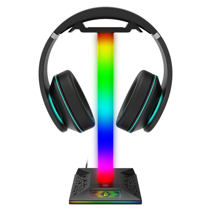 PIWIJOY EB05 RGB Gaming Headset Stand with 2 USB Ports, Headphone Holder with 10 Light Modes for Gamers PC Earphone Accessories - Black - 3