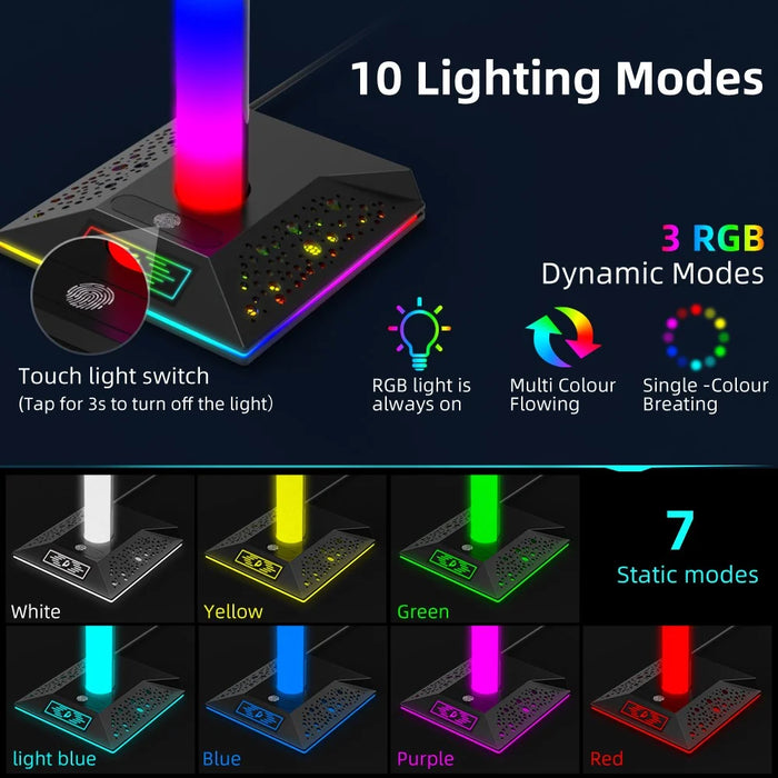 PIWIJOY EB05 RGB Gaming Headset Stand with 2 USB Ports, Headphone Holder with 10 Light Modes for Gamers PC Earphone Accessories - Black - 5