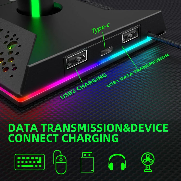 PIWIJOY EB05 RGB Gaming Headset Stand with 2 USB Ports, Headphone Holder with 10 Light Modes for Gamers PC Earphone Accessories - Black - 6