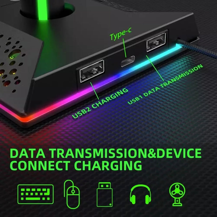 PIIFOXER EB03 RGB Controller Display Stand with Memory Function, Gaming Headset Holder with 2 USB2.0, Type-C Ports - 6