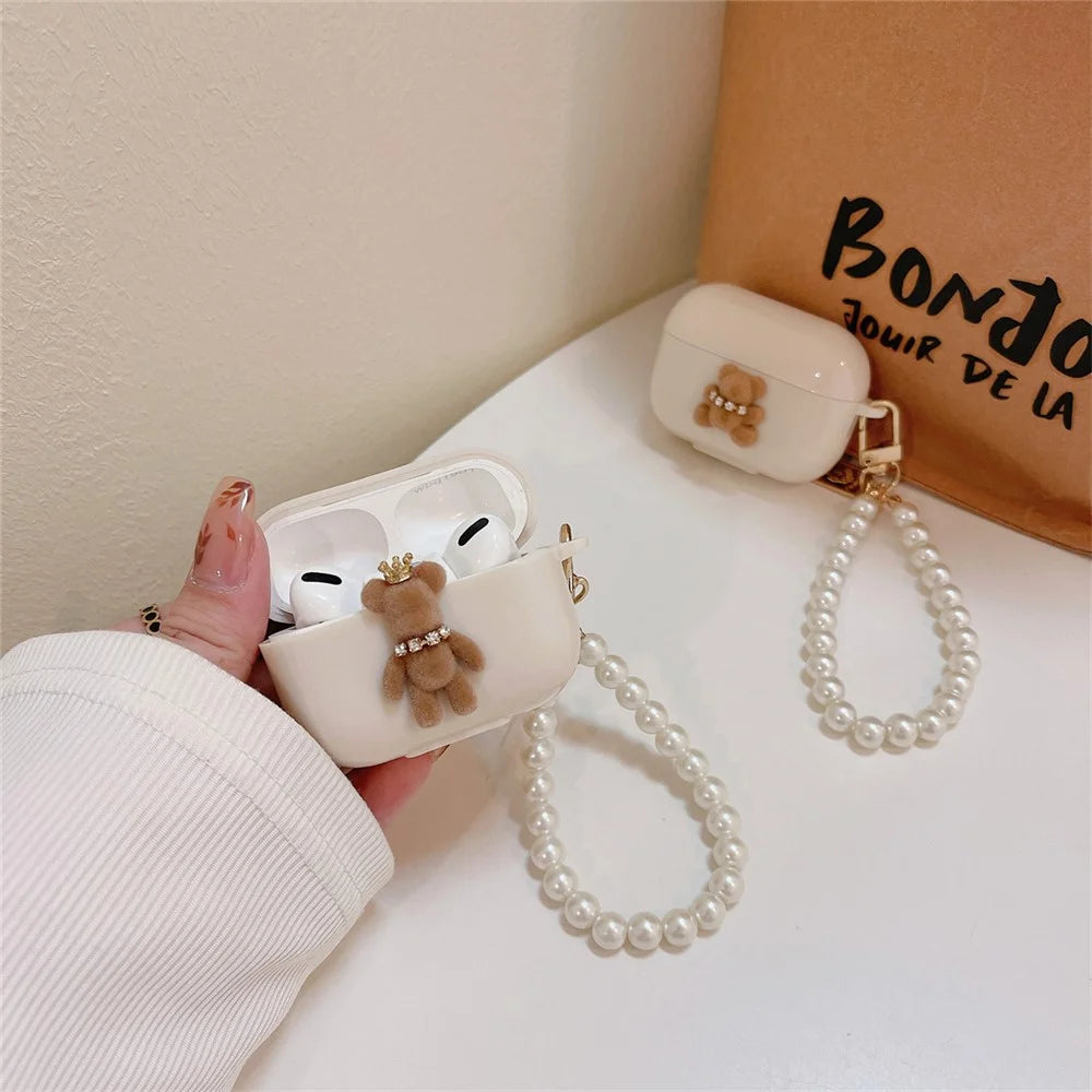 For Apple AirPods Pro Cute Bear TPU Cover Bluetooth-compatible Earphone Anti-drop Case with Pearl Bracelet - Little Bear - 3