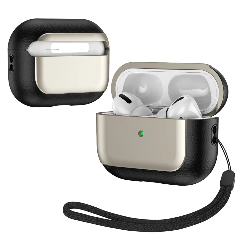 For AirPods Pro 2 TPU Case Litchi Texture Fall Prevention Earphone Cover with Lanyard - Titanium Grey - 1