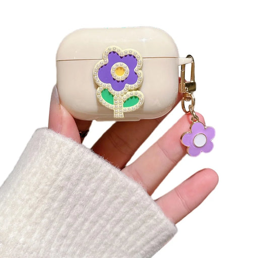 For Apple AirPods Pro 2 TPU Cover Pearl Flower Earbud Protection Case with Pendant - Purple Green Flower - 1