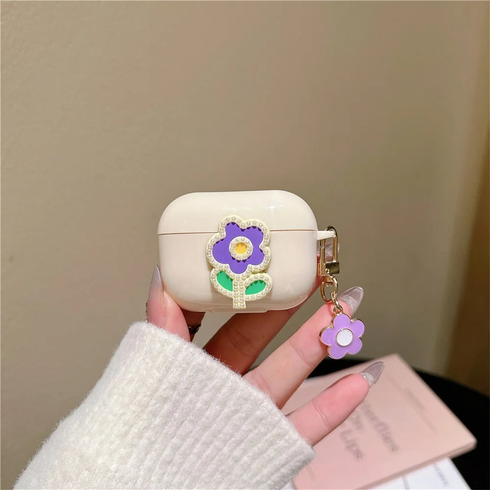 For Apple AirPods Pro 2 TPU Cover Pearl Flower Earbud Protection Case with Pendant - Purple Green Flower - 2
