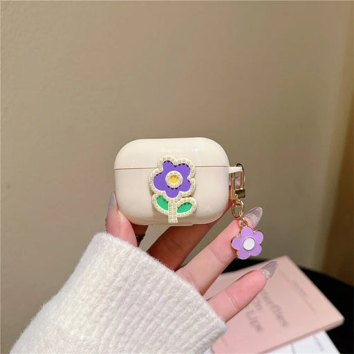 For Apple AirPods Pro 2 TPU Cover Pearl Flower Earbud Protection Case with Pendant - Purple Green Flower - 2