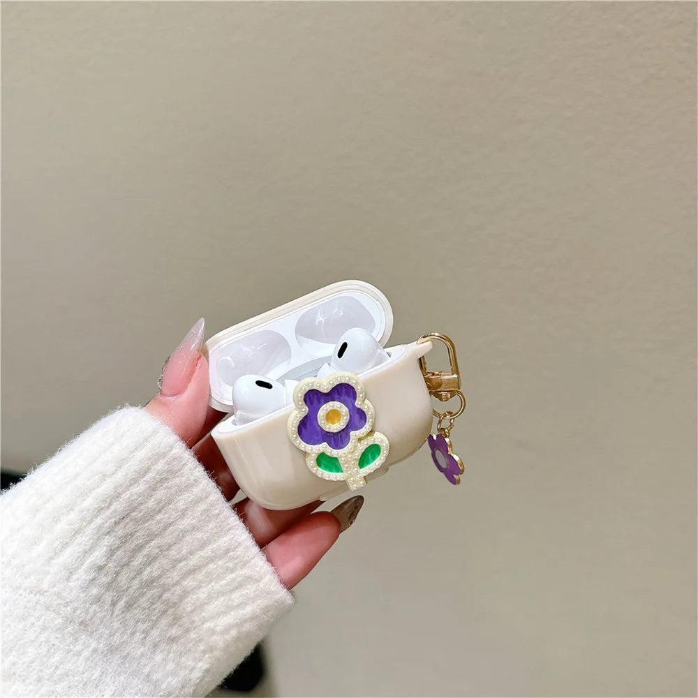 For Apple AirPods Pro 2 TPU Cover Pearl Flower Earbud Protection Case with Pendant - Purple Green Flower - 3