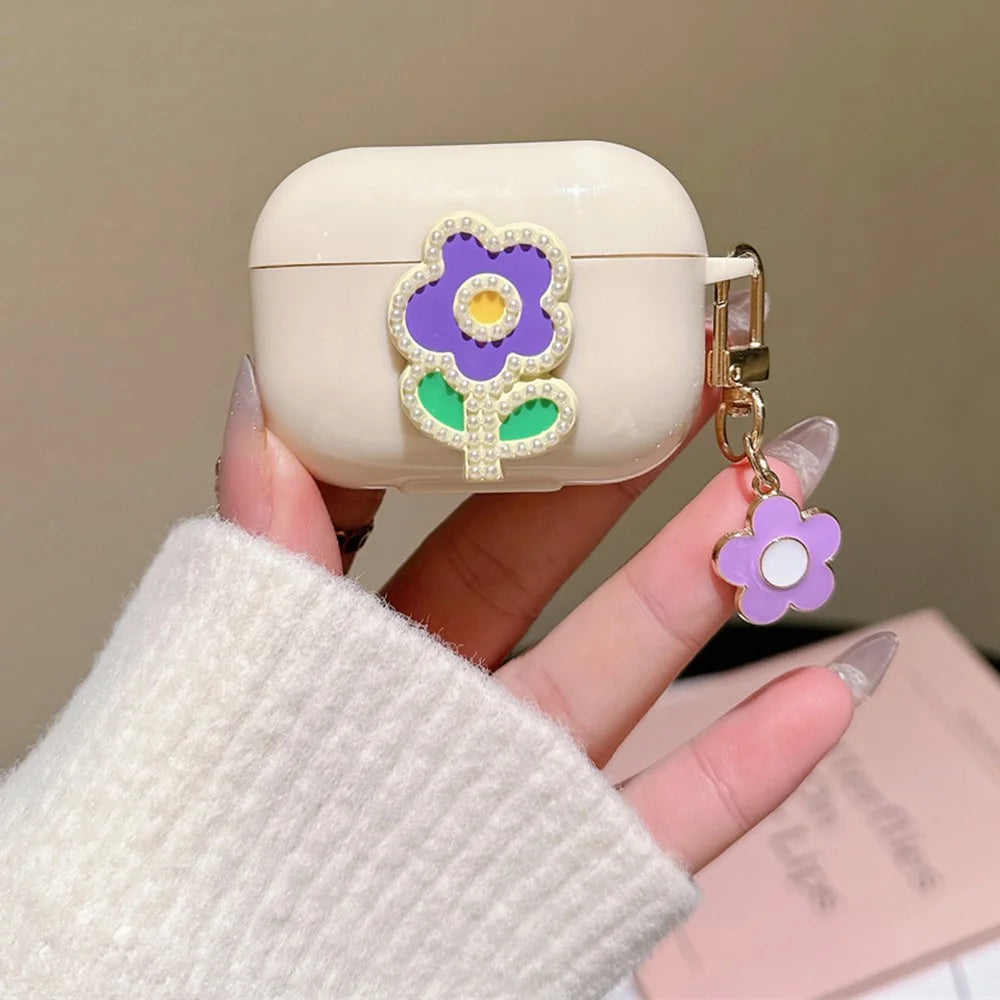 For Apple AirPods 3 Case Pearl Flower TPU Protector Earphone Organizer Carrying Cover with Pendant - Purple Green Flower - 2