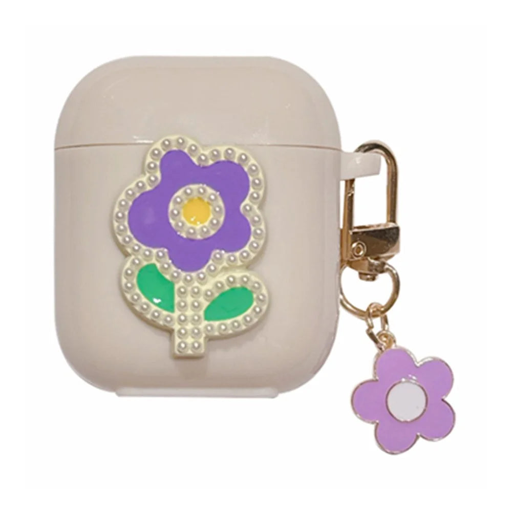 For AirPods with Charging Case (2016) / (2019) / AirPods with Wireless Charging Case (2019) TPU Cover with Pendant Earphone Case - Purple Green Flower - 1