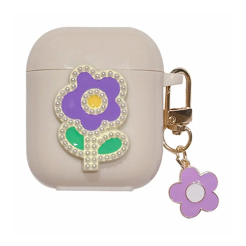 For AirPods with Charging Case (2016) / (2019) / AirPods with Wireless Charging Case (2019) TPU Cover with Pendant Earphone Case - Purple Green Flower - 1