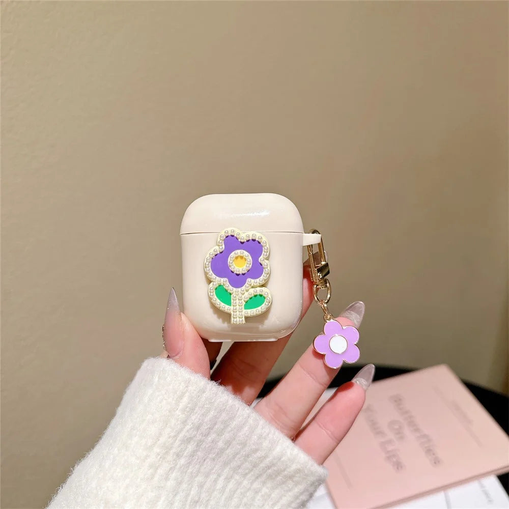 For AirPods with Charging Case (2016) / (2019) / AirPods with Wireless Charging Case (2019) TPU Cover with Pendant Earphone Case - Purple Green Flower - 2