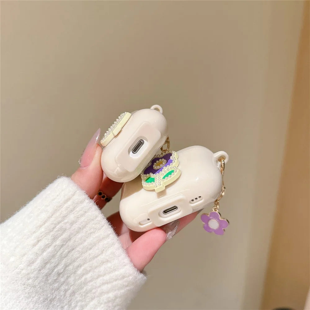 For AirPods with Charging Case (2016) / (2019) / AirPods with Wireless Charging Case (2019) TPU Cover with Pendant Earphone Case - Purple Green Flower - 3