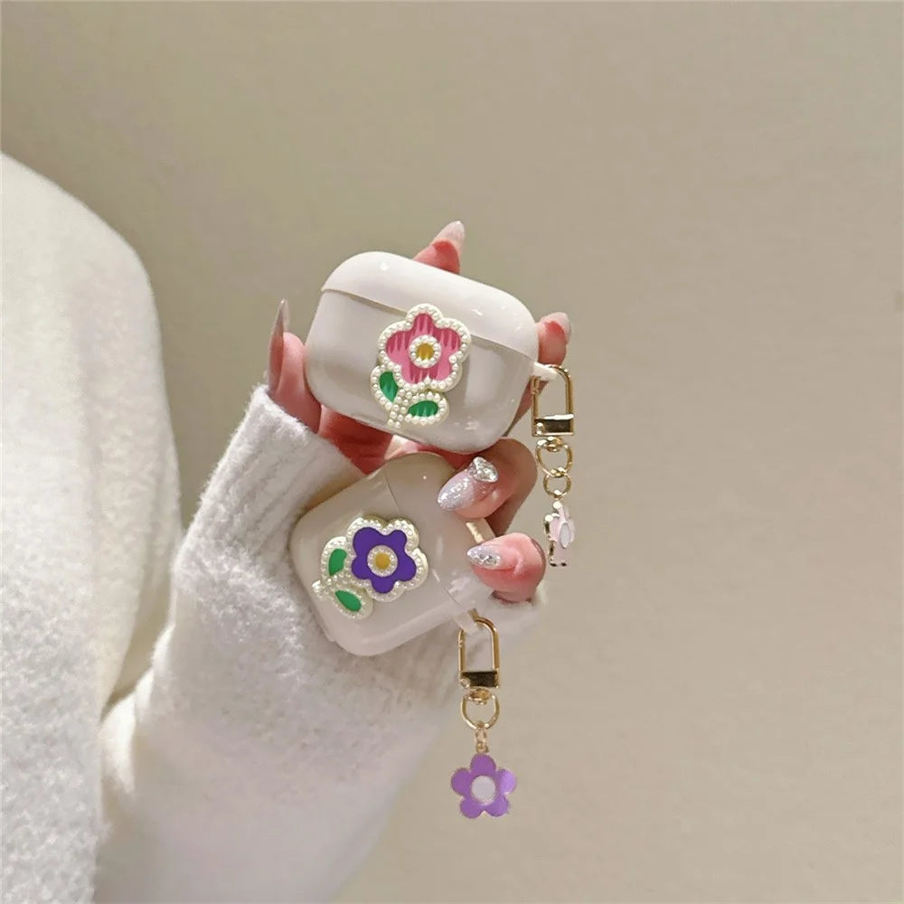 For AirPods with Charging Case (2016) / (2019) / AirPods with Wireless Charging Case (2019) TPU Cover with Pendant Earphone Case - Purple Green Flower - 5