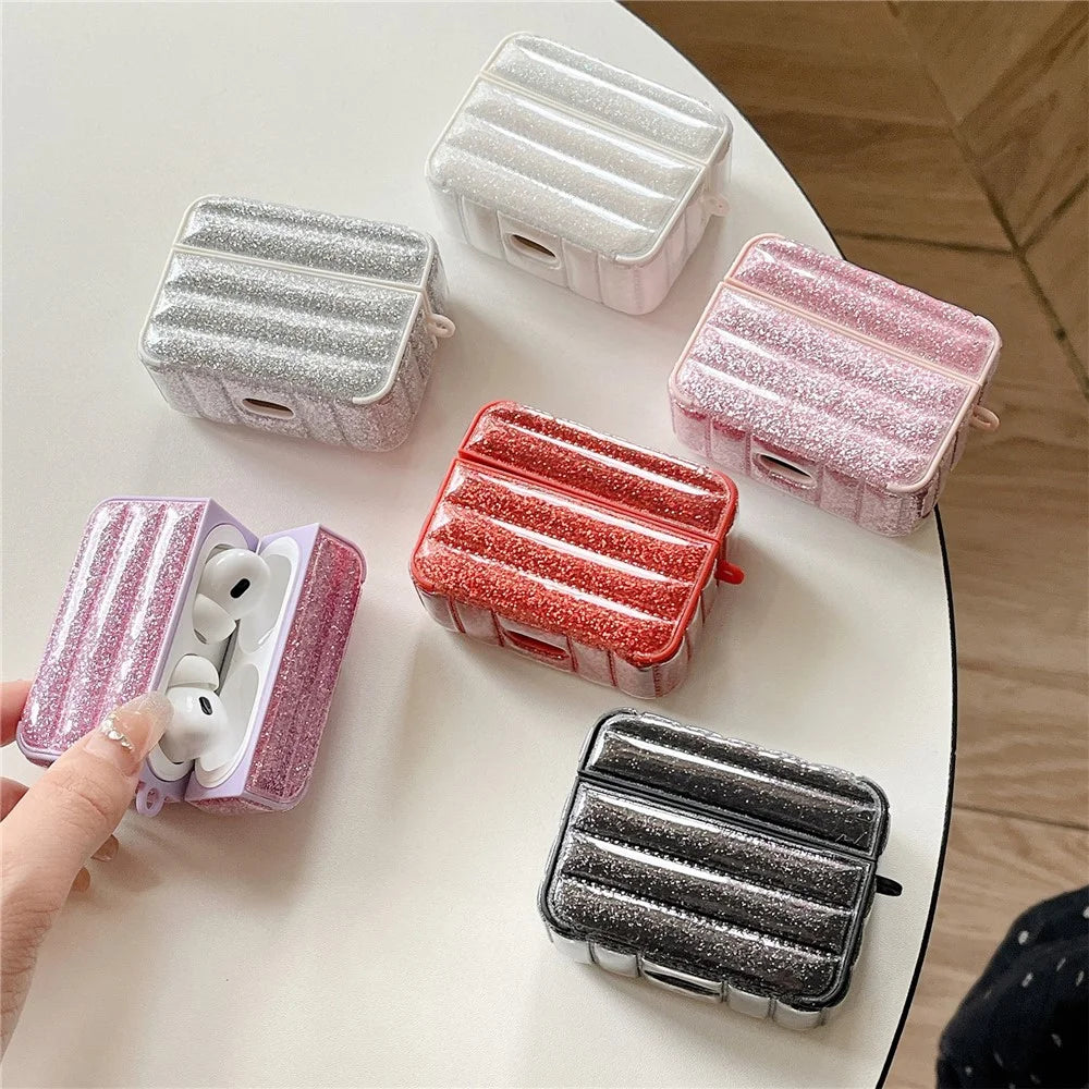For AirPods Pro 2 / Pro Portable Cover Glitter Down Jacket Design Leather+TPU Earphone Case - Black - 3