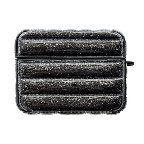 For Apple AirPods 3 Glitter Case Down Jacket Design Leather+TPU Earphone Cover with Anti-Lost Buckle - Black - 1