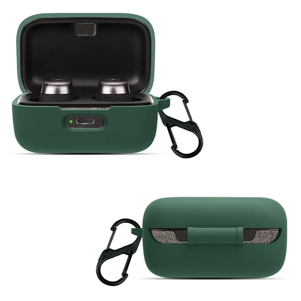 For MOMENTUM True Wireless 4 Earphone Case Silicone Protective Cover with Carabiner - Blackish Green - 2