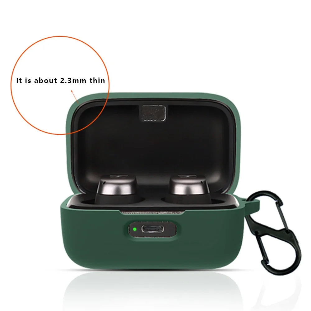 For MOMENTUM True Wireless 4 Earphone Case Silicone Protective Cover with Carabiner - Blackish Green - 3