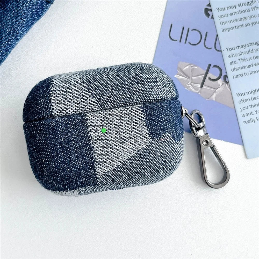 For Apple AirPods Pro Splicing Denim Bluetooth-compatible Earphone Cover Protective Case with Metal Hook - Style A - 1