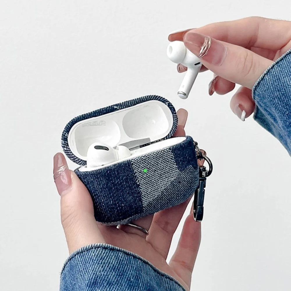 For Apple AirPods Pro Splicing Denim Bluetooth-compatible Earphone Cover Protective Case with Metal Hook - Style A - 3