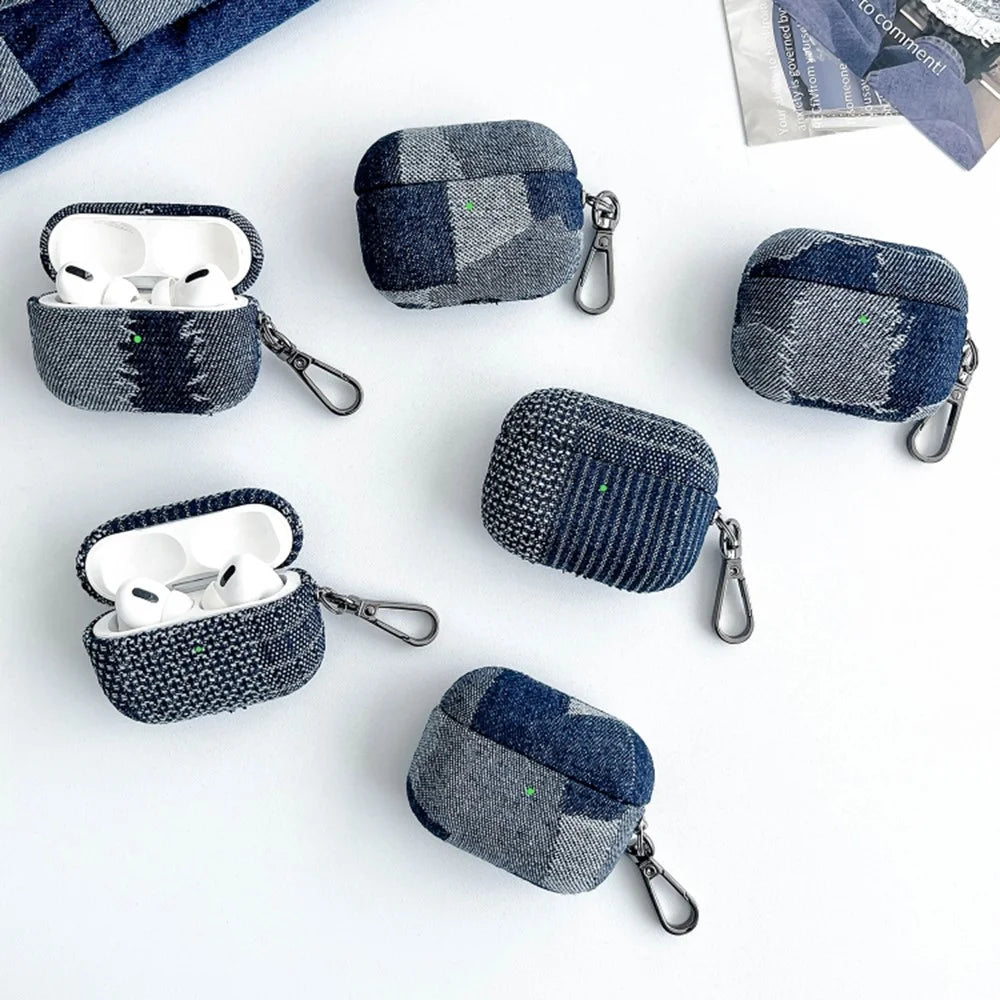 For Apple AirPods Pro Splicing Denim Bluetooth-compatible Earphone Cover Protective Case with Metal Hook - Style A - 6