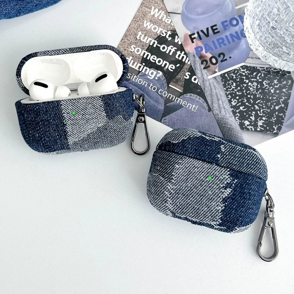 Protective Case for AirPods Pro 2 Splicing Denim Bluetooth-compatible Earphone Cover with Metal Hook - Style A - 4