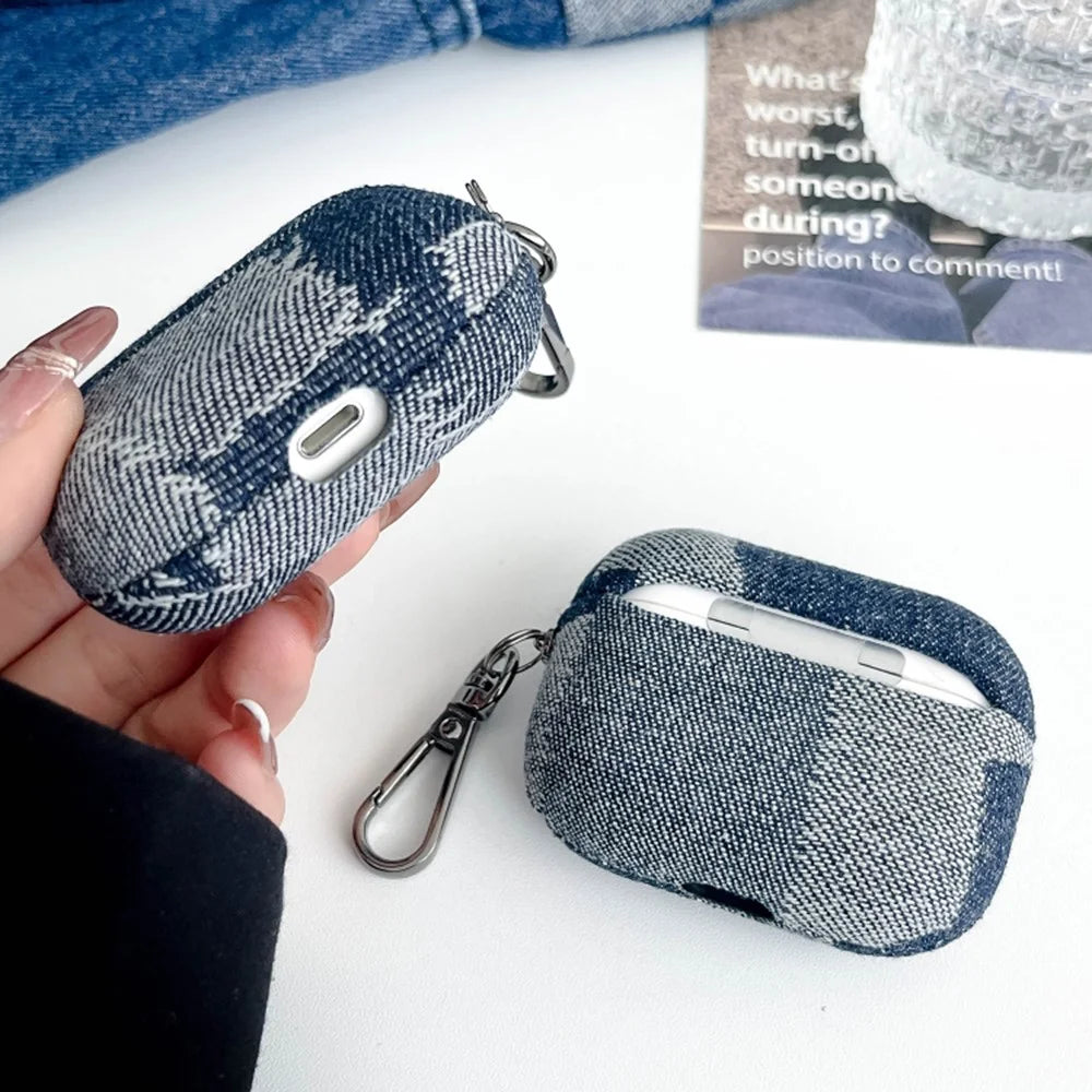 Protective Case for AirPods Pro 2 Splicing Denim Bluetooth-compatible Earphone Cover with Metal Hook - Style A - 5