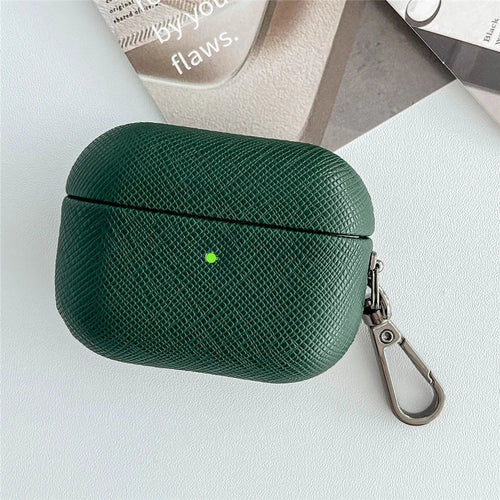 For Apple AirPods 3 Cross Texture Bluetooth-compatible Earphone Cover PU Leather Protective Case - Green - 1