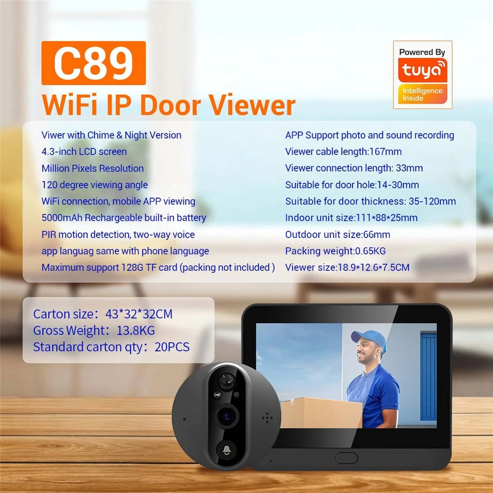 C89 4.3-inch Monitor 1080P Video Viewer Door Bell Night Vision PIR Camera WiFi Smart Doorbell,  Support Tuya App - Grey - 2