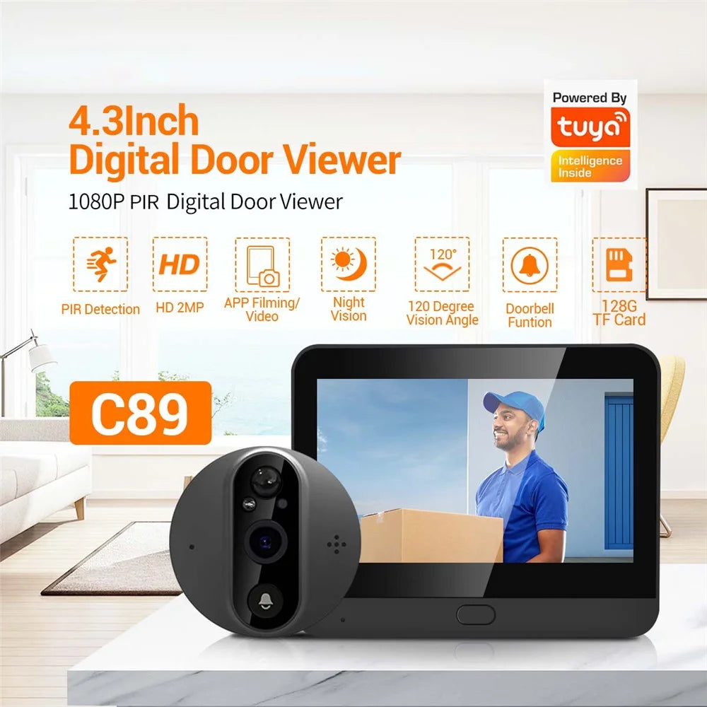 C89 4.3-inch Monitor 1080P Video Viewer Door Bell Night Vision PIR Camera WiFi Smart Doorbell,  Support Tuya App - Grey - 3