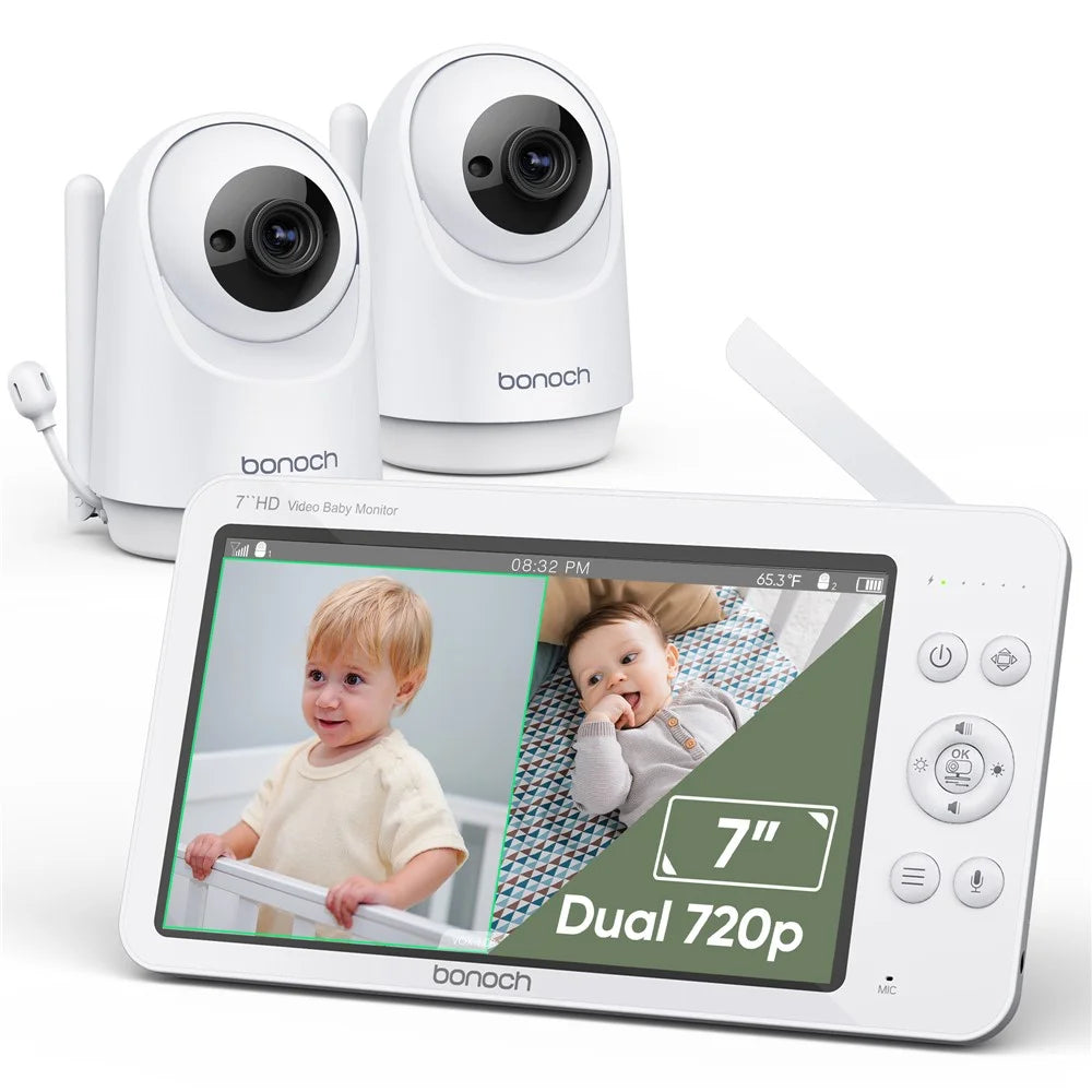 BONOCH BBM05 7 inch Screen Video Baby Monitor with 2PCS 720P Camera, Two-Way Talk - EU Plug - 1