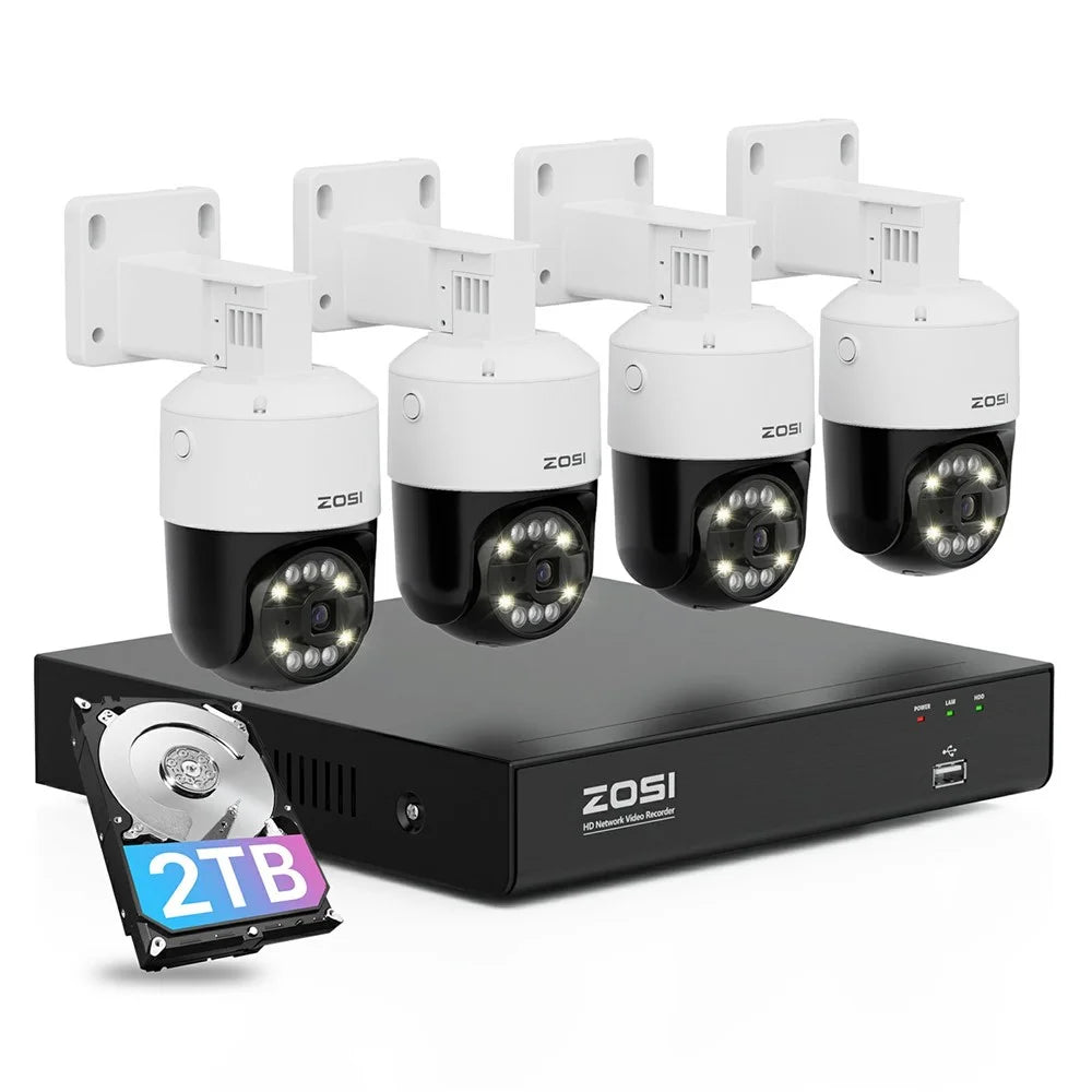 ZOSI 4K 8CH PoE NVR Security Camera System 4Pcs 8MP Outdoor Auto Tracking PT Cameras with Floodlight Two-Way Audio, 2TB HDD - UK Plug - 1