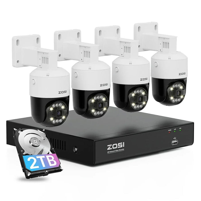 ZOSI 4K 8CH PoE NVR Security Camera System 4Pcs 8MP Outdoor Auto Tracking PT Cameras with Floodlight Two-Way Audio, 2TB HDD - UK Plug - 1