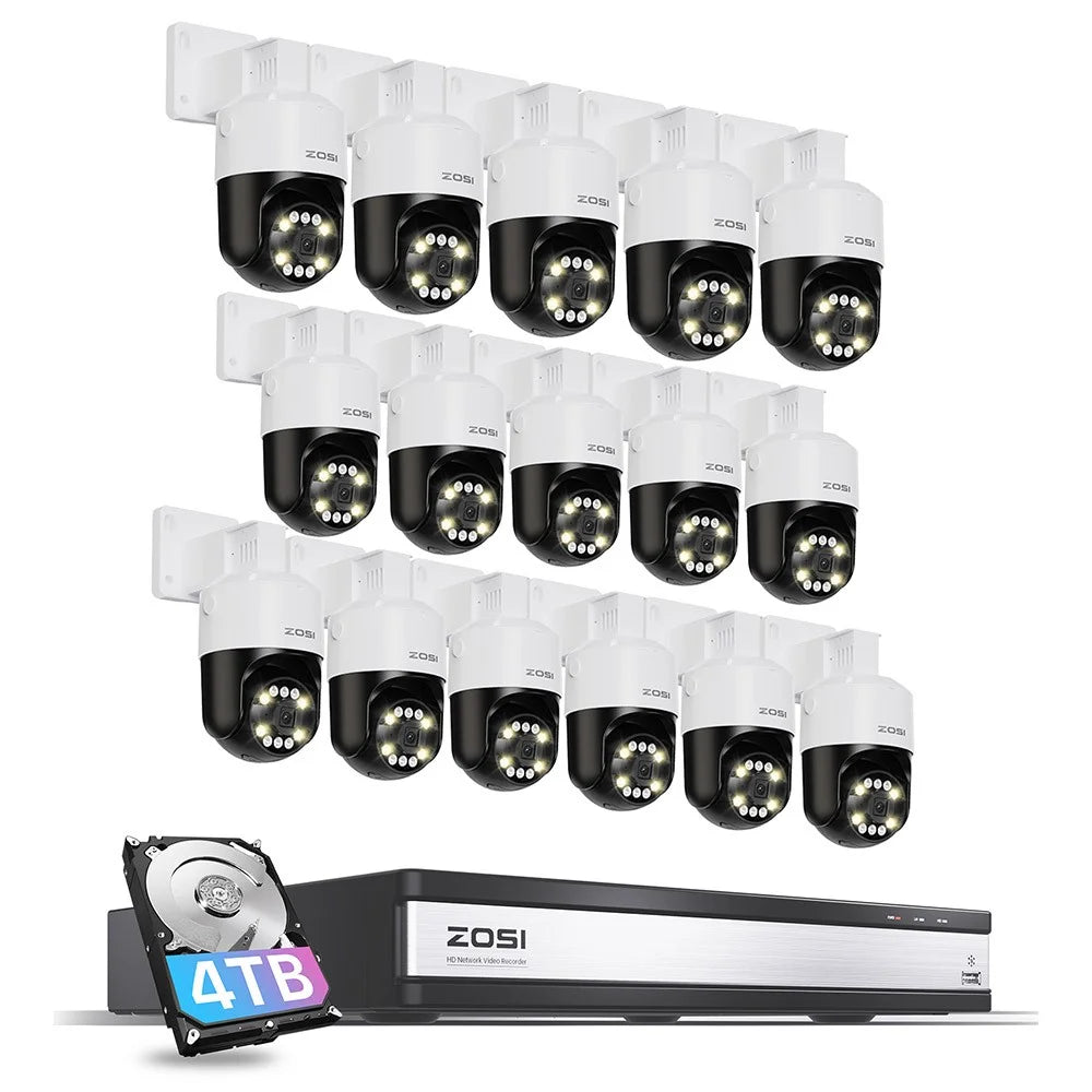 ZOSI C296 16Pcs 5MP 3K Outdoor Auto Tracking PoE Cameras 5x Digital Zoom 16CH 8MP NVR with 4TB HDD - US Plug - 1