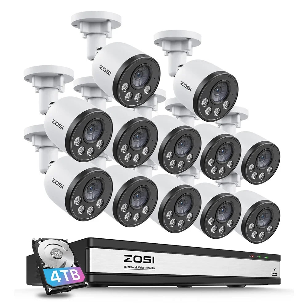 ZOSI 12Pcs Indoor Outdoor Smart Human Detection Night Vision 4MP Weatherproof PoE IP Cameras + 16CH 4K NVR with 4TB HDD - UK Plug - 1