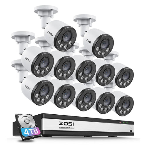 ZOSI 12Pcs Indoor Outdoor Smart Human Detection Night Vision 4MP Weatherproof PoE IP Cameras + 16CH 4K NVR with 4TB HDD - UK Plug - 1