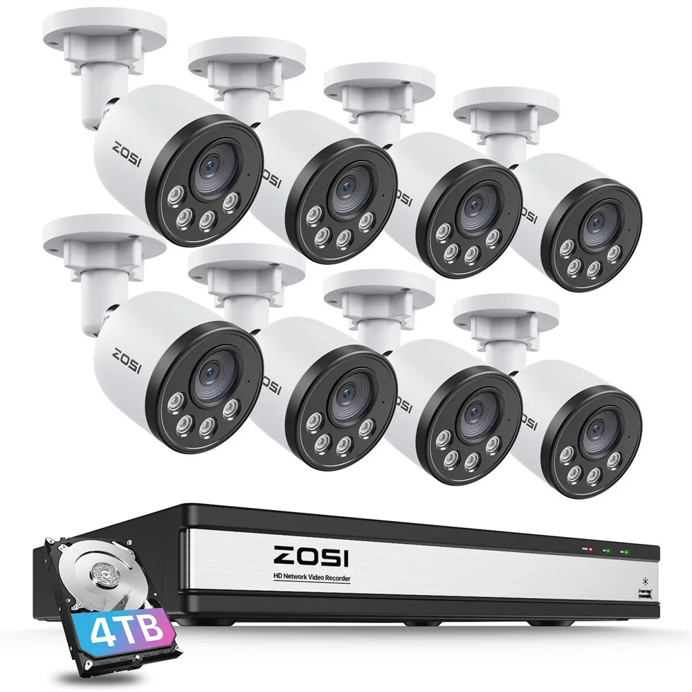 ZOSI 8Pcs Indoor Outdoor Smart Human Detection Night Vision 4MP Weatherproof PoE IP Cameras + 16CH 4K NVR with 4TB HDD - US Plug - 1