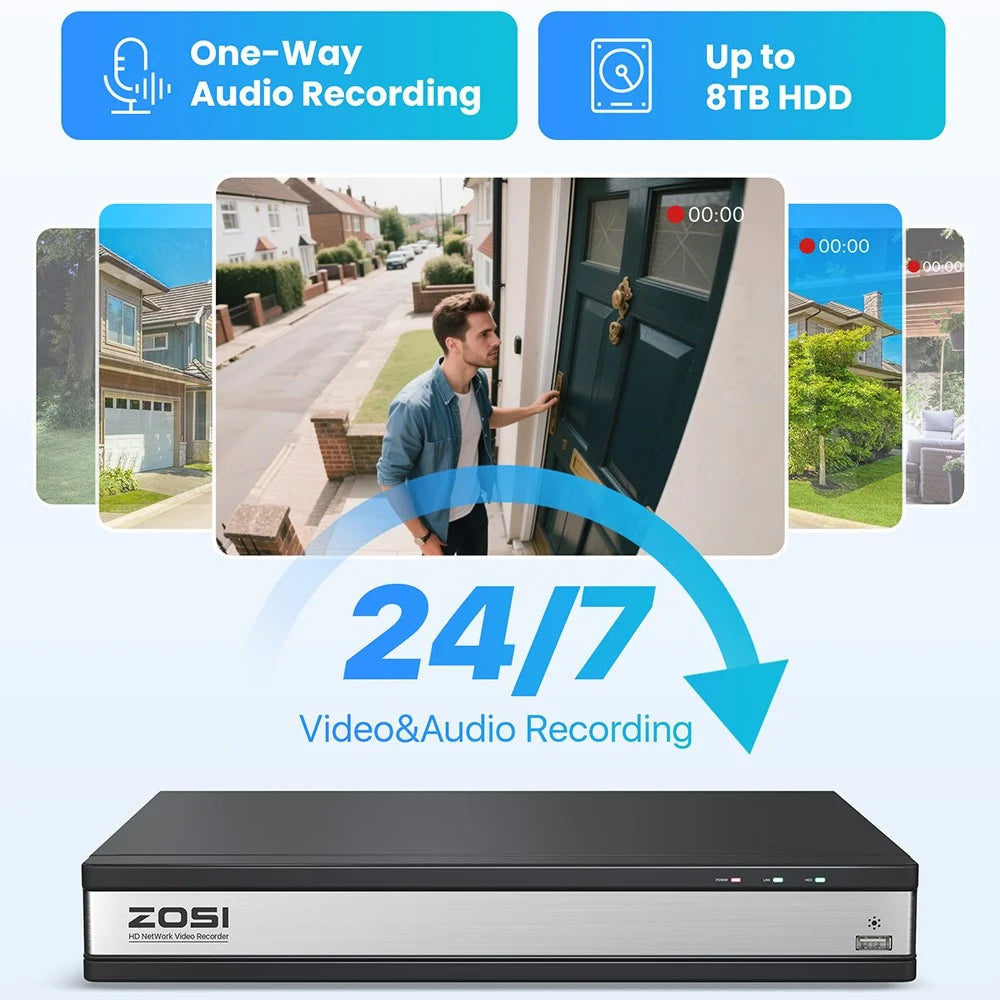 ZOSI 12Pcs Human Detection 100ft Night Vision 4MP Weatherproof PoE IP Security Cameras + 16CH 4K NVR with 4TB HDD - White / US Plug - 5