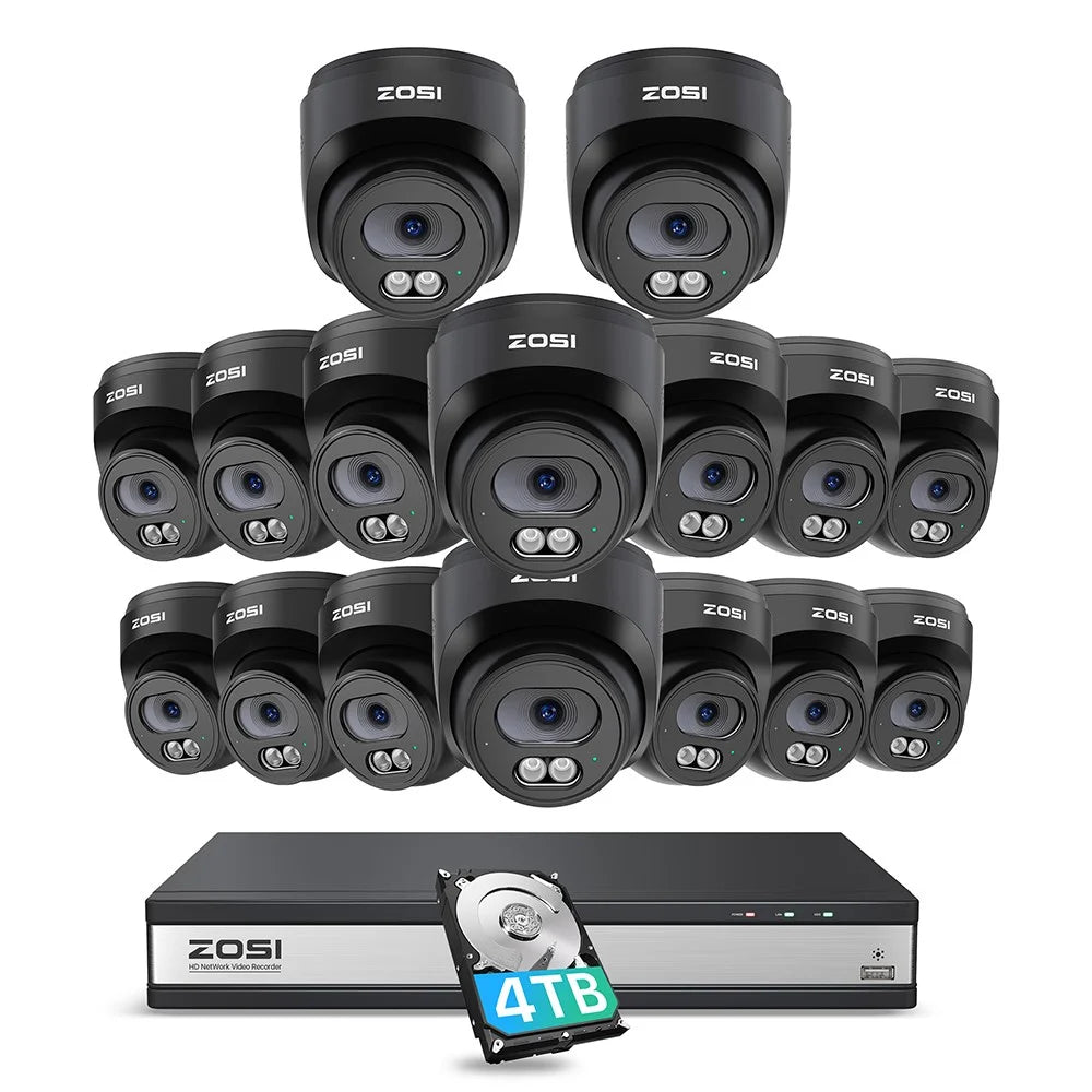 ZOSI 16Pcs Human Detection 100ft Night Vision 4MP Weatherproof PoE IP Security Cameras + 16CH 4K NVR with 4TB HDD - Black / US Plug - 1