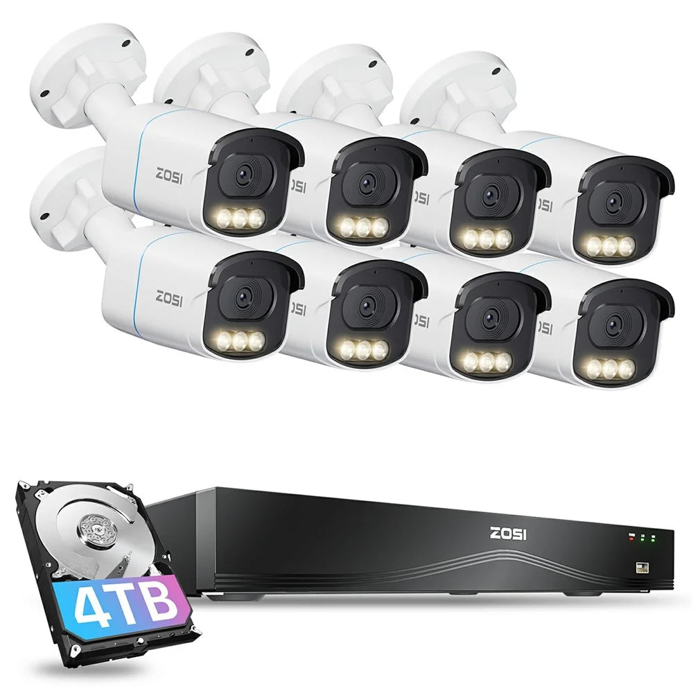 ZOSI 8Pcs 3K C186 Aurora Lux Night Vision Person Vehicle Detection PoE Cameras + 4K 8MP 16CH NVR with 4TB HDD - US Plug - 1