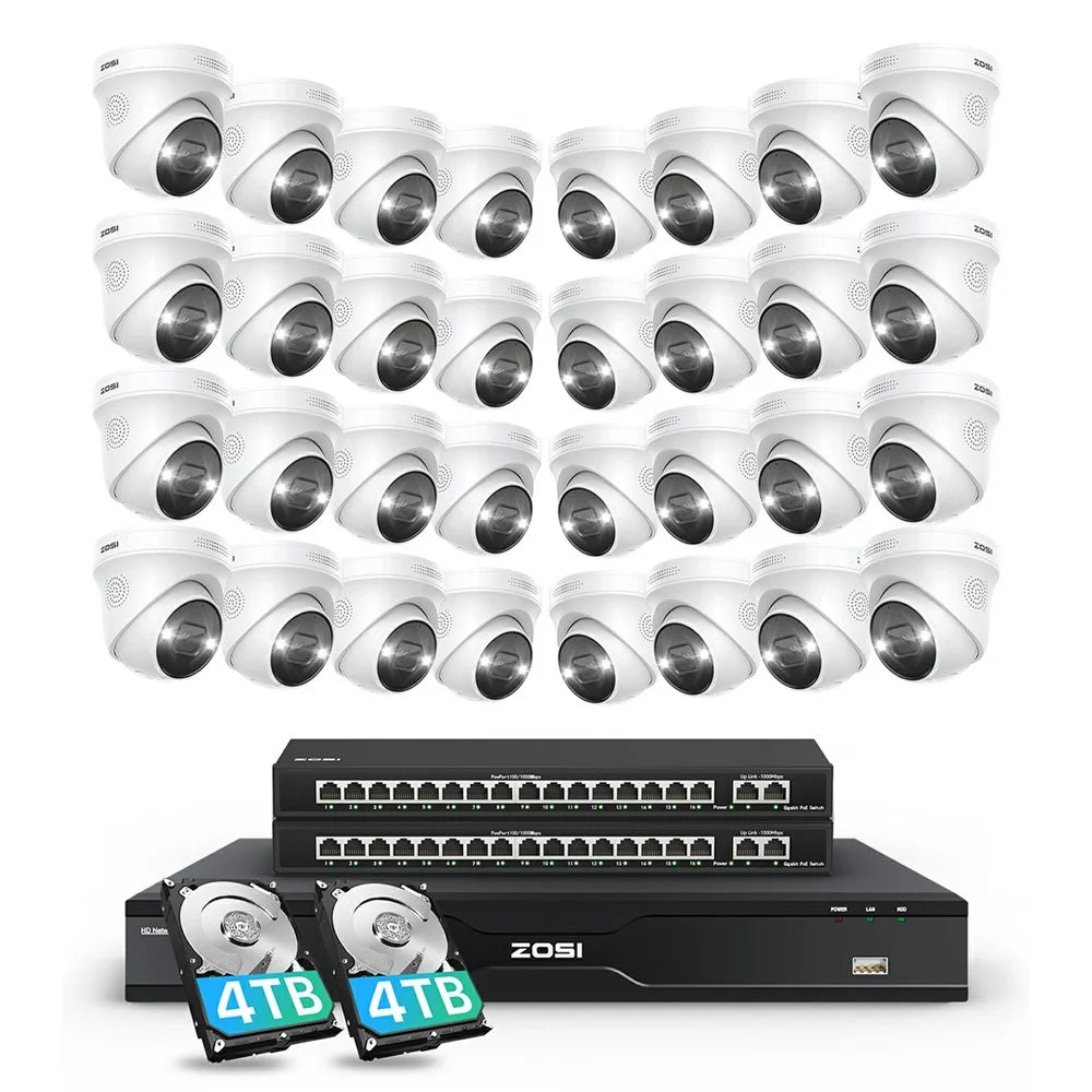 ZOSI 32Pcs Face Vehicle Detection 2 Way Audio 4K PoE Spotlight Cameras + 32CH 8MP NVR with 8TB HDD for Business 24 / 7 Recording - AU Plug - 1