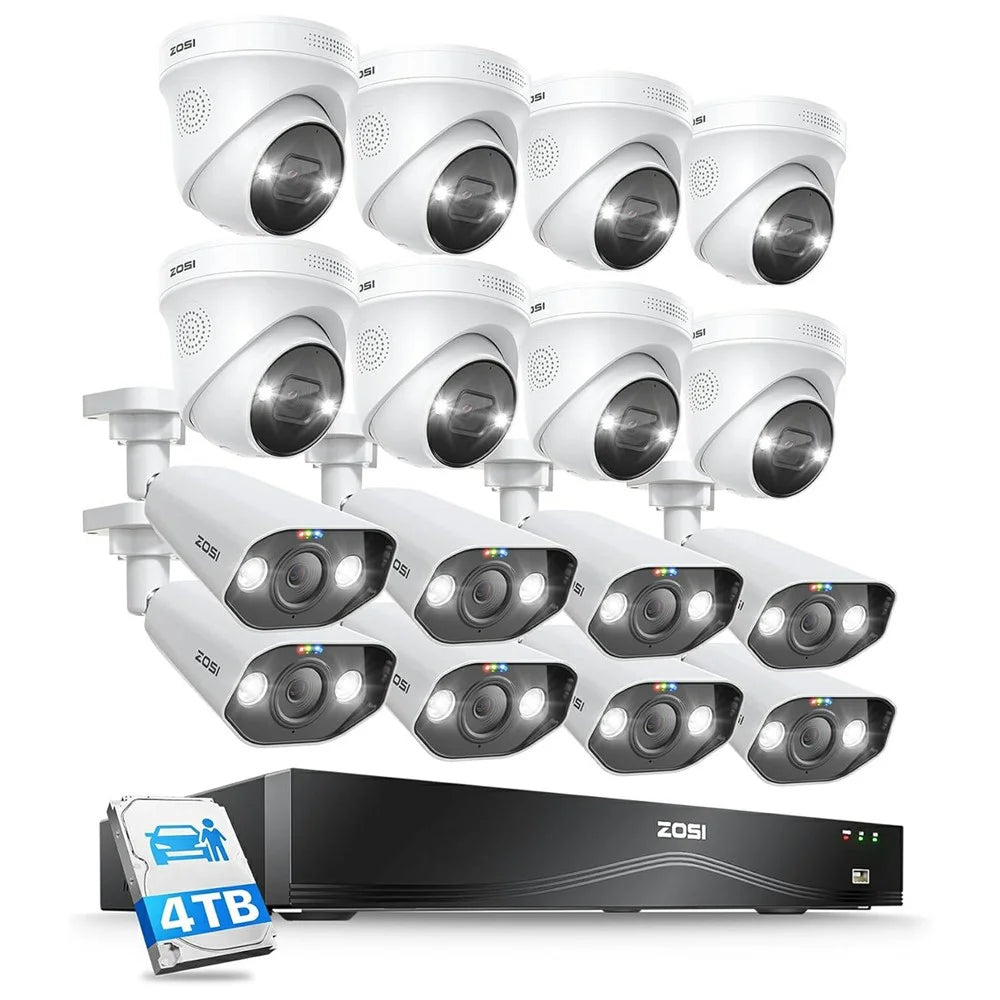 ZOSI 16Pcs AI Human Vehicle Detection Two-Way Audio Night Vision 8MP 4K PoE Outdoor Indoor Cameras + 32CH NVR with 4TB HDD - UK Plug - 1