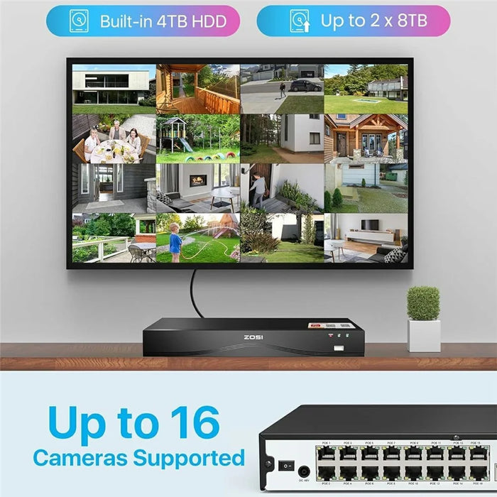ZOSI 16Pcs AI Human Vehicle Detection Two-Way Audio Night Vision 8MP 4K PoE Outdoor Indoor Cameras + 32CH NVR with 4TB HDD - UK Plug - 6
