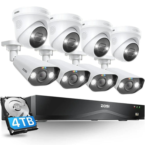 ZOSI 8Pcs Human Vehicle Detection Two-Way Audio Night Vision 8MP 4K PoE Cameras + 16-Port 32CH NVR with 4TB HDD - EU Plug - 1