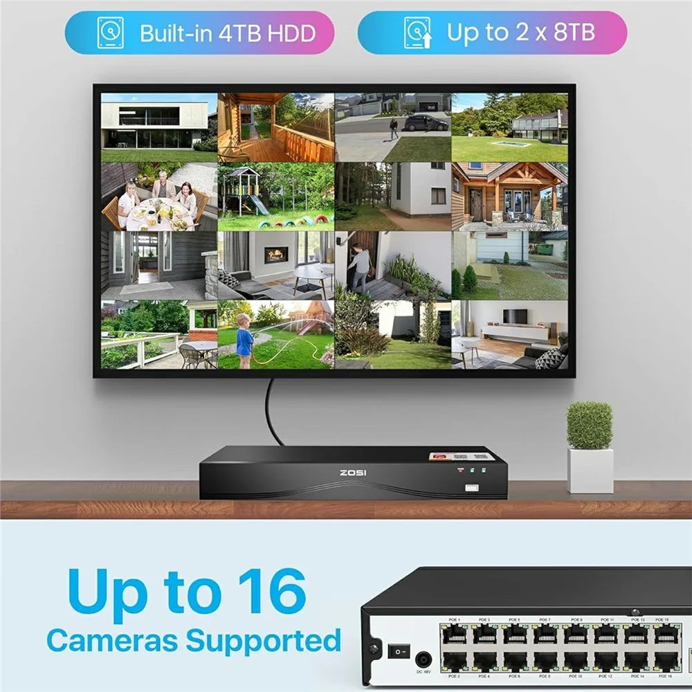 ZOSI 8Pcs Human Vehicle Detection Two-Way Audio Night Vision 8MP 4K PoE Cameras + 16-Port 32CH NVR with 4TB HDD - EU Plug - 4