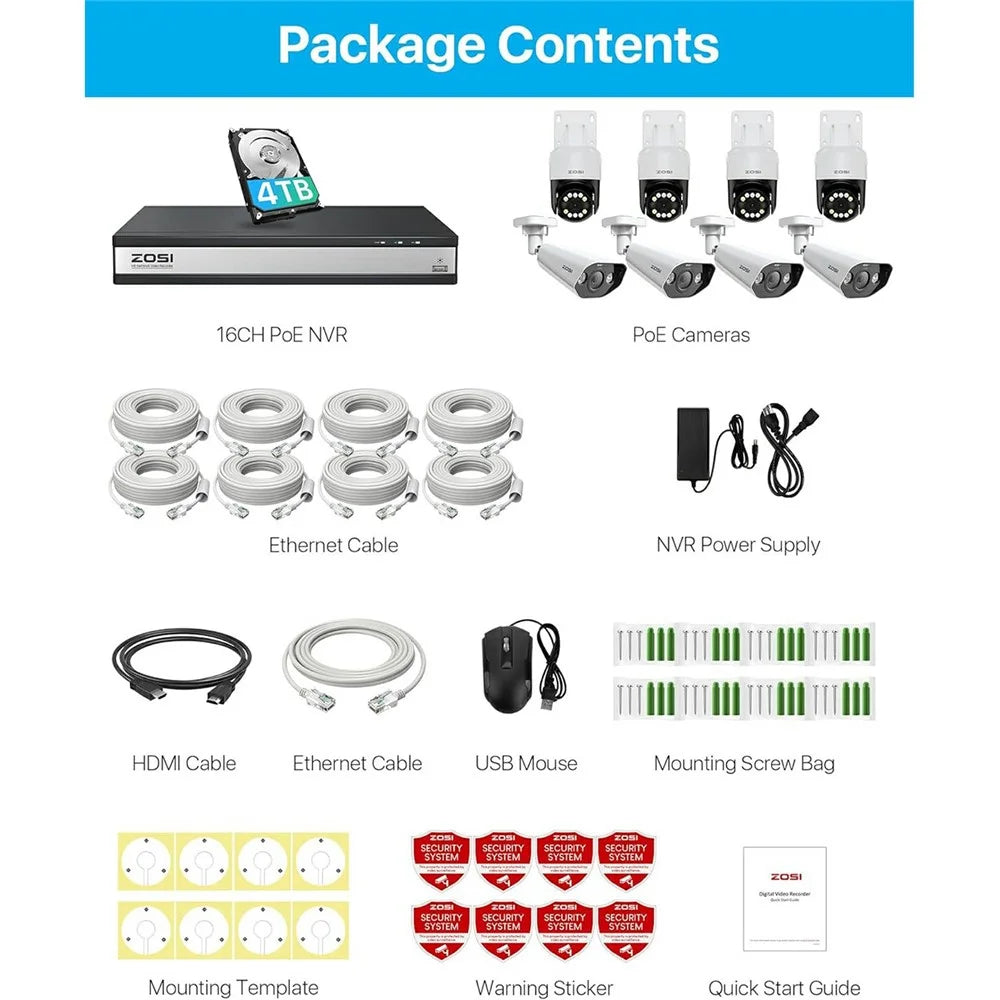 ZOSI 8Pcs Two-Way Audio 5x Digital Zoom 24 / 7 Recording Wired 5MP 3K PT PoE IP Cameras + 16CH NVR with 4TB HDD - UK Plug - 7
