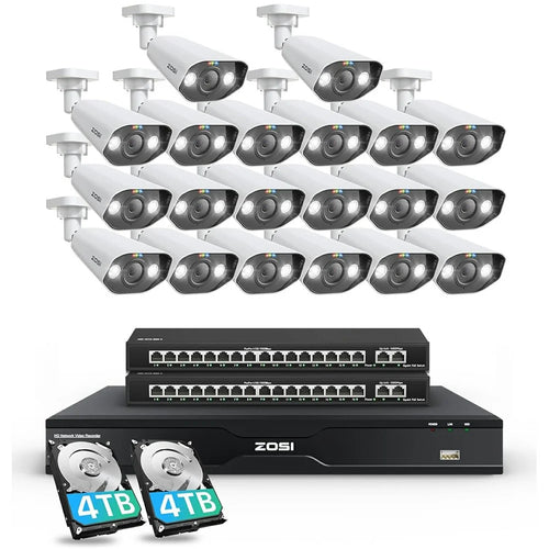 ZOSI 20Pcs Indoor Outdoor Face Vehicle Detection 2 Way Audio 4K Spotlight PoE Cameras + 32 Channel 8MP NVR with 8TB HDD - US Plug - 1