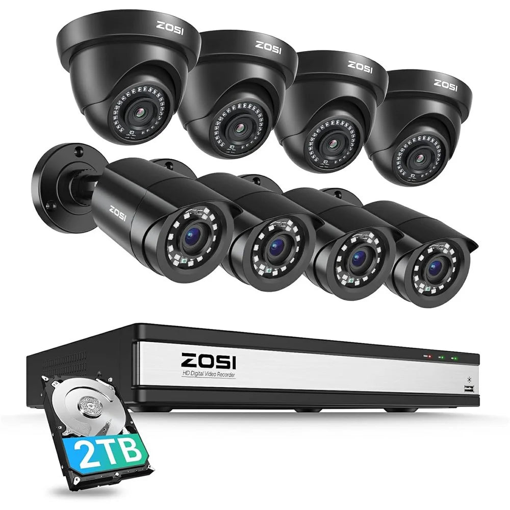 ZOSI 8Pcs AI Human Vehicle Detection Night Vision Remote Access 1080P Outdoor Cameras + 16CH DVR with 2TB HDD - US Plug - 1