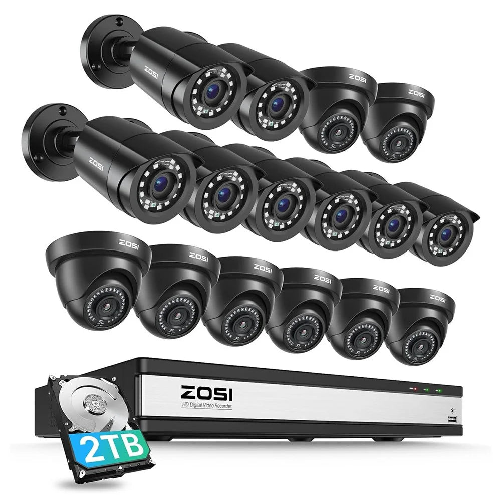 ZOSI 16Pcs Home Business AI Human Vehicle Detection Night Vision 1080P CCTV Cameras + 16CH DVR with 2TB HDD - AU Plug - 1