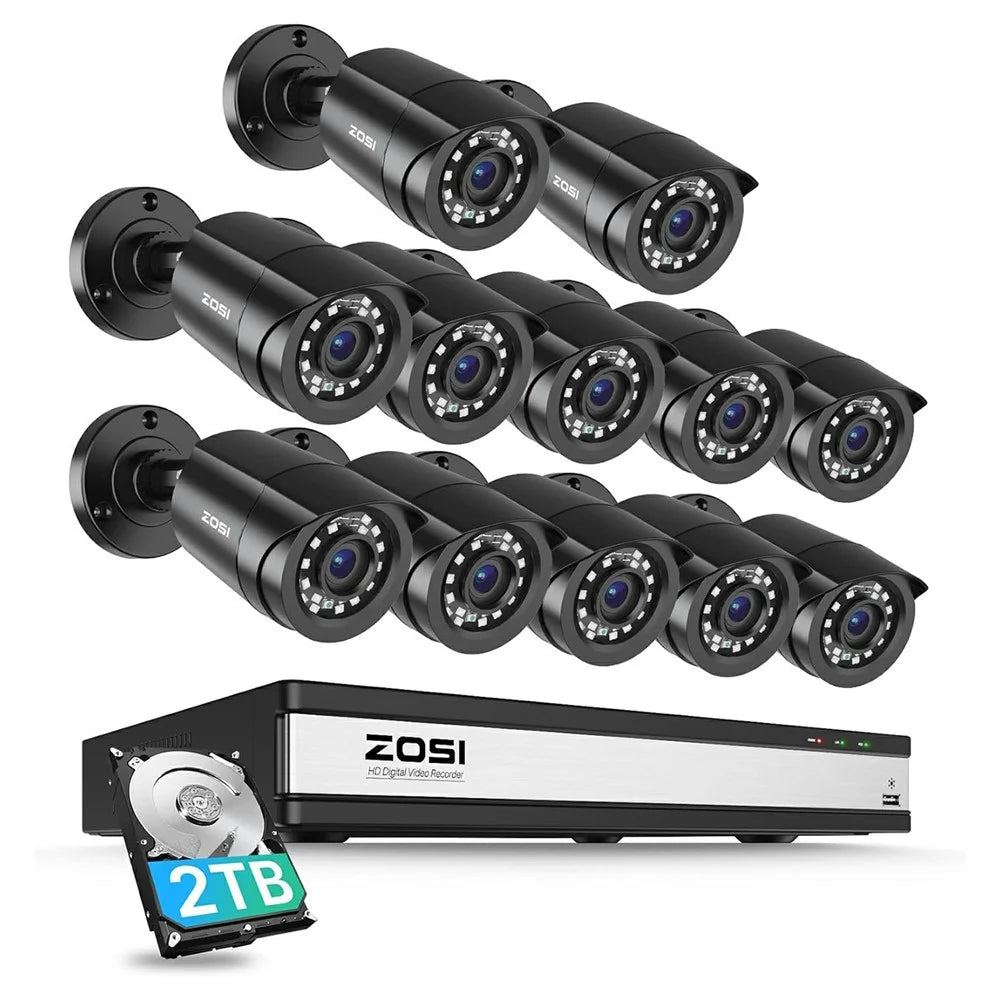 ZOSI 12Pcs AI Human Vehicle Detection Night Vision Wired 1080P Cameras + 16CH DVR with 2TB HDD for 24 / 7 Recording - UK Plug - 1